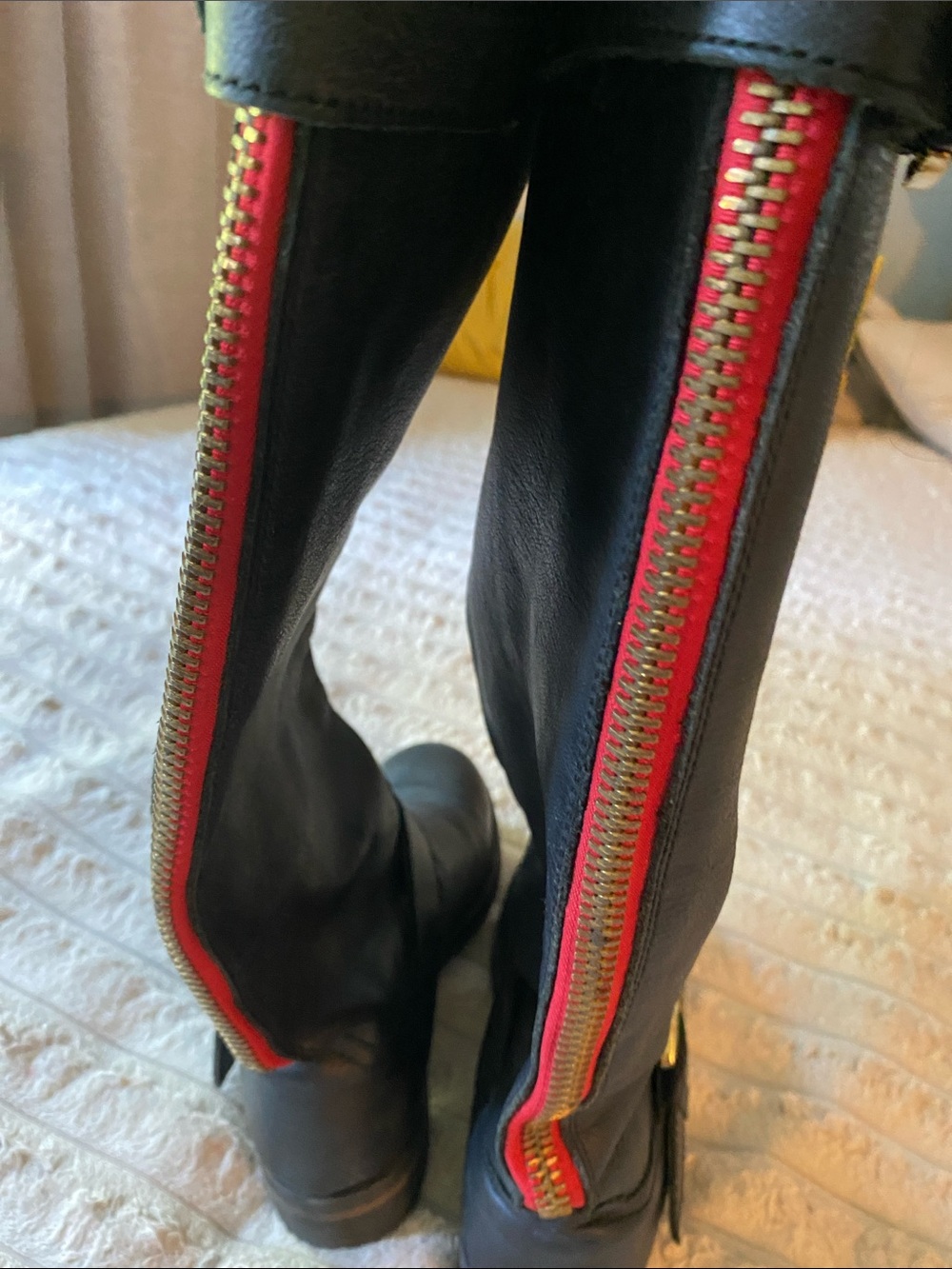 Navy Blue Leather Mid-Calf Boots with Red Zip and Gold Buckles Riding Boots - Picture 1 of 6